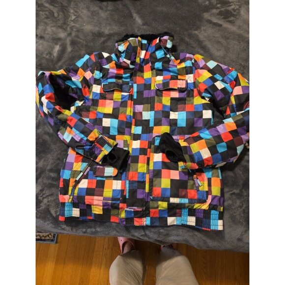 VTG Y2K ONeill Womens colorblock Checkered Ski Jacket Coat L Patchwork snowboard - Picture 10 of 10